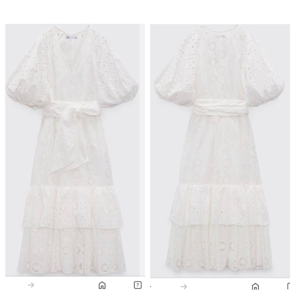 Zara Eyelet Cotton Midi Dress Puff Sleeve Belted Floral Ruffle Tiered Medium
